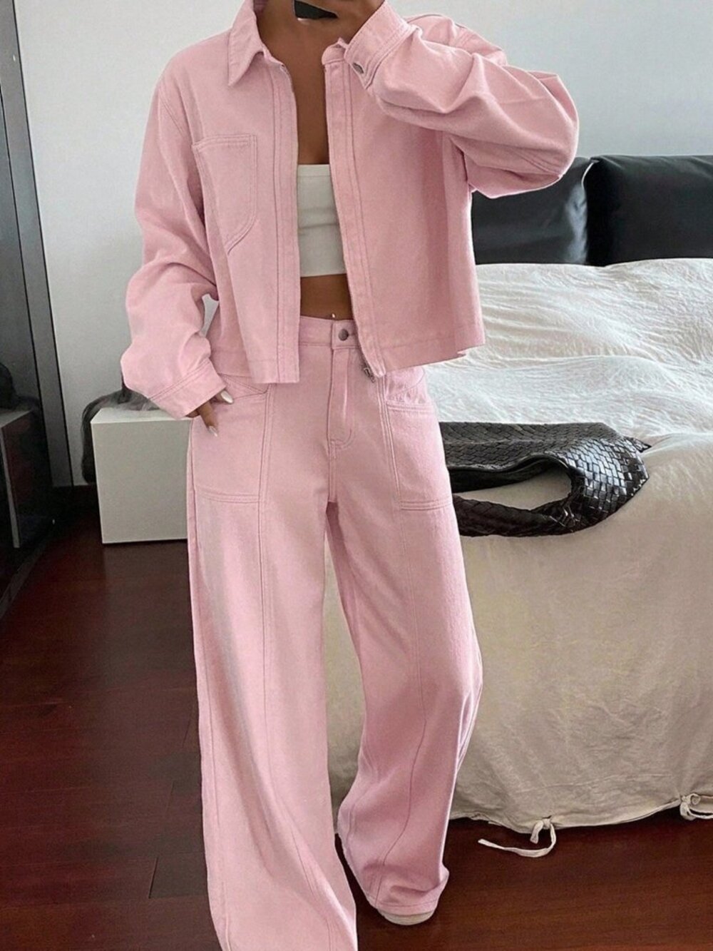 Pink Casual Women's Long Sleeve Button-Up Crop Jacket & Wide Leg Pants Set